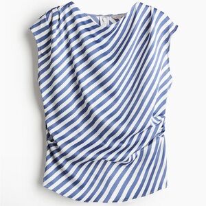 H&M Blue and White Asymmetrical Ruched Cap Sleeve Blouse